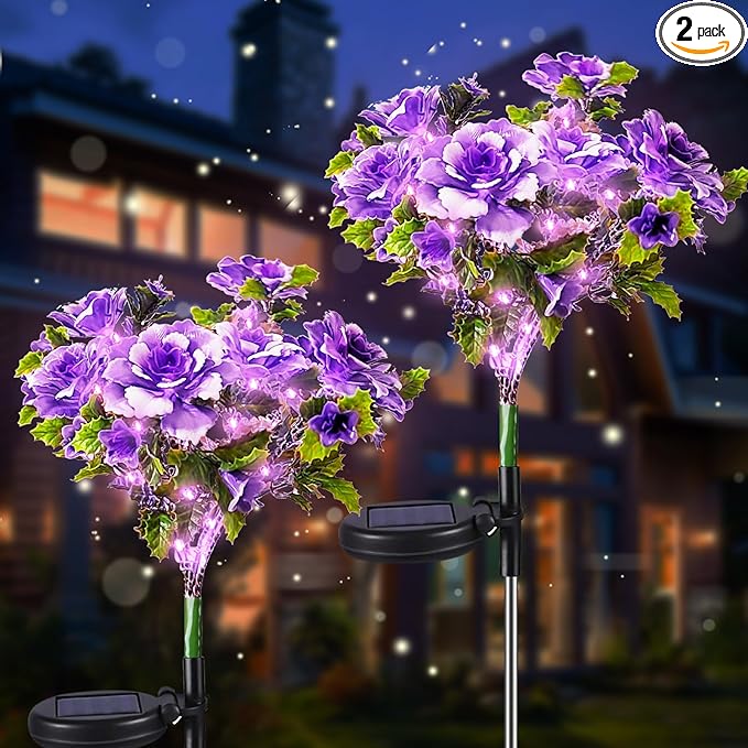 Neporal Solar Light Outdoor - 2 Pack Solar Garden Lights with Purple Carnation Solar Flowers, Solar Lights Outdoor Waterproof IP65, Solar Outdoor Lights Decorative for Outdoor Garden Decoration