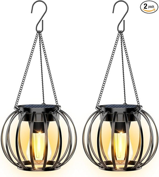 Solar Lanterns Outdoor Waterproof: 2 Pack Solar- Powered Metal Hanging Lights for Patio Garden Porch Yard - Weatherproof Auto On/Off Bright LED Decorations - Gardening Gifts for Women Mom