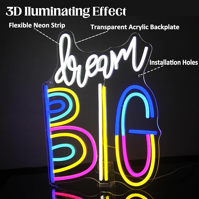 Dream Big Neon Signs for Wall Decor Colorful Letter Neon Sign Inspiring Quotes Neon Light LED Motivational Decor Dream Neon Light Sign for Bedroom Classroom Office Dorm Decoration