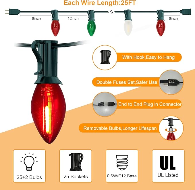 Abeja 25Ft C7 Christmas Multicolor String Lights with 27 Red Green & Frosted White Edison Bulbs, Hanging Vintage Christmas Light Outdoor Waterproof for Party Garden Wedding Bistro Roofline Decor