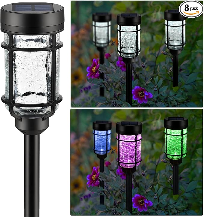 Solar Pathway Lights 8 Pack, Color Changing + Cool White LED, Waterproof Solar Crackle Glass Stake Lights for Garden Path, Walkway, Backyard, Lawn, Landscape Decoration
