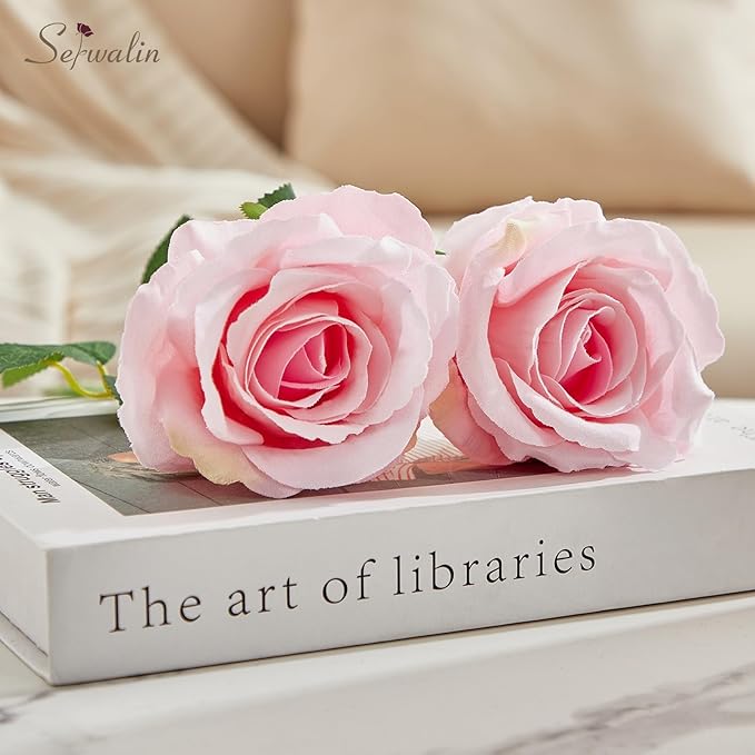 Serwalin 20pcs Bright Pink Artificial Roses, 4'' Big Flower Head, Velvet Roses Real Touch, Silk Fake Roses Long Stem Realistic Bouquet for Wedding Table Centerpiece and Home Decor