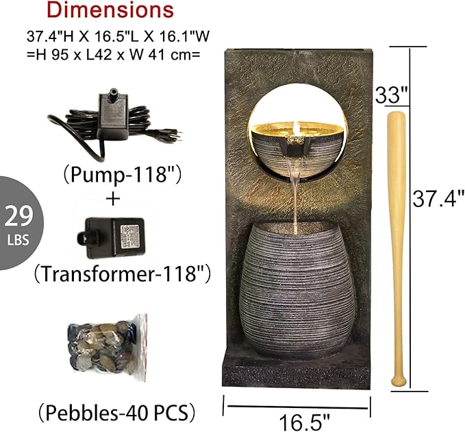Water Fountain Outdoor Indoor - Modern Waterfall Garden Freestanding Fountain Curved Surface Artistry Design with LED Lights and Light Strip for Home Decor Patio Yard Pool,37.4 inches Tall