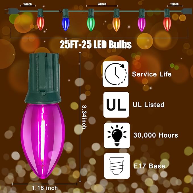 C9 LED Christmas Lights Outdoor,25FT Multicolored Christmas Lights with 26 Colorful Clear Multicolor LED Bulbs,Connectable Old Fashioned Christmas Lights for Garden Patio Xmas Tree Party Home Decor