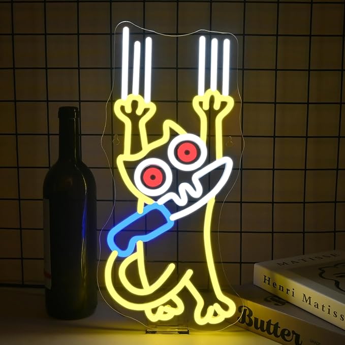 Cat Kinfe Neon Sign Dimmable Cute Cat Led Signs for Wall Decor LED USB Powered Animal Neon Light Sign for Bedroom Coffee Restaurant Kitchen Decoration Birthday Gifts