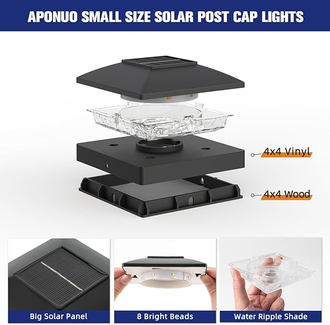 APONUO Solar Post Cap Lights for 4x4 Wood & Vinyl Posts, IP44 Waterproof Cool White LED 4x4 Post Solar Lights, Outdoor Garden Patio Yard Decor, 12 Pack (Black)