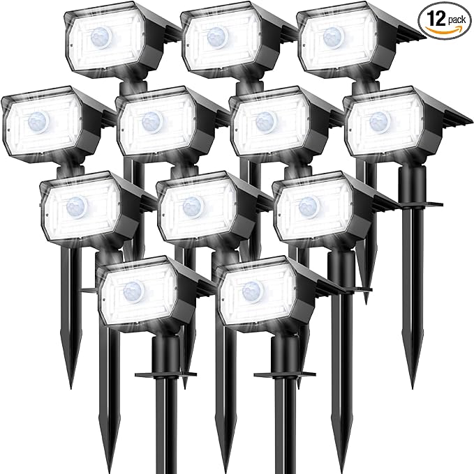 Solar Spot Lights Outdoor Motion Sensor with 3 Modes, [ 12 Pack/56 LED ] 2-in-1 Auto On/Off Solar Landscape Lighting for Outside Yard Wall Garden Path, Cool White