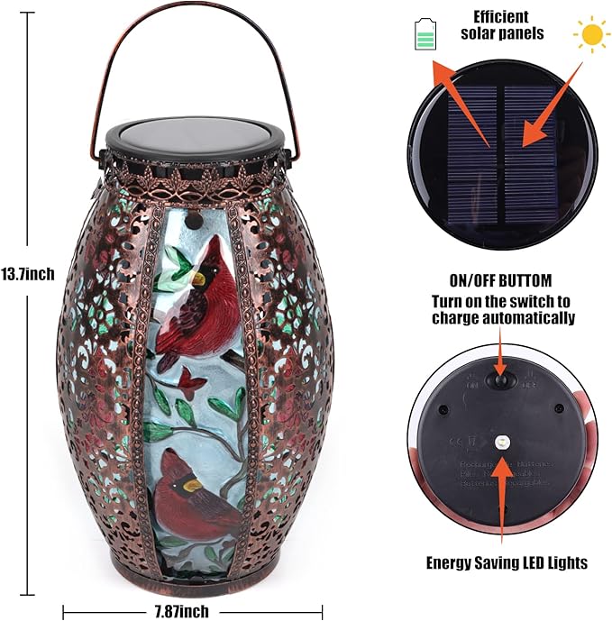Outdoor Solar Lantern-Waterproof Hummingbird Hanging Metal Decorative Lights for Patio Table Garden Pathway Yard with Super Bright Warm White LED, Large Solar Panels, Auto On/Off Sensor