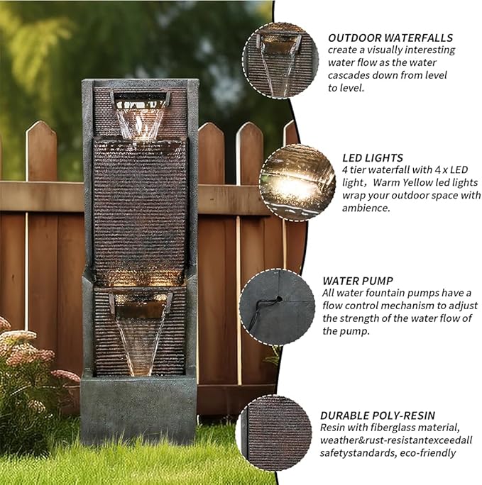 Outdoor Garden Waterfalls Fountains with Led Lights Water Fountain Outdoor/Indoor Resin Fountain for Patio Decor Garden, House, Office, Garden, Home Art Decor