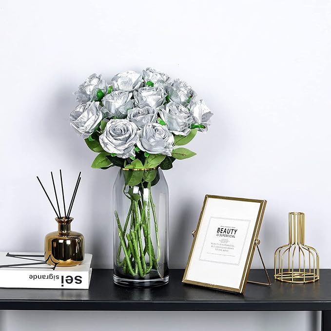 Hawesome 12PCS Artificial Silk Flowers Realistic Roses Bouquet Long Stem for Home Wedding Decoration Party (Silver 1)