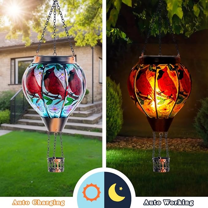 DREAMSOUL 2PCS Cardinal Hot Air Balloon Solar Lantern, Hanging Glass Solar Lanterns Outdoor Waterproof for Yard Party Gift