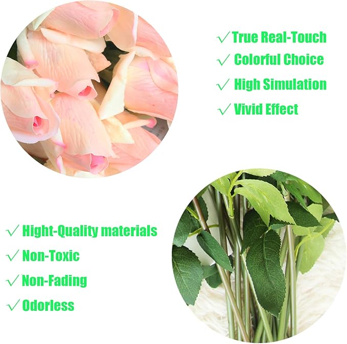 12pcs Real Look Artificial Rose Buds, 22 Inch Real Touch Silk Rosebud, Realistic Design Artificial Flower with Real Feel Petals,Silk Flower Bud for Wedding Home Décor,Champagne
