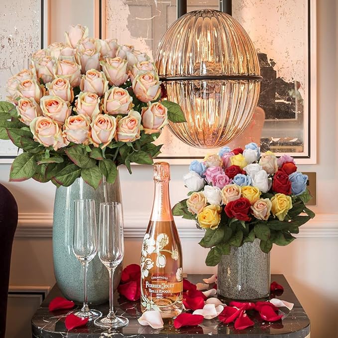 Artificial Realistic Roses Peach Flowers 24" Real Touch Silk Roses Bouquet Long Stems Rose Fake Roses Decor for Home Party Wedding Table Centerpieces Roses Realistic - 5 Pcs