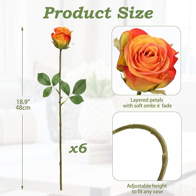 Briful Roses Artificial Flowers– 6PCS 18.9" Orange Rose Silk Flowers with Long Stems Realistic Fake Rose Bouquet for DIY Wedding Arrangements Table Vase Centerpieces Home Event Decor