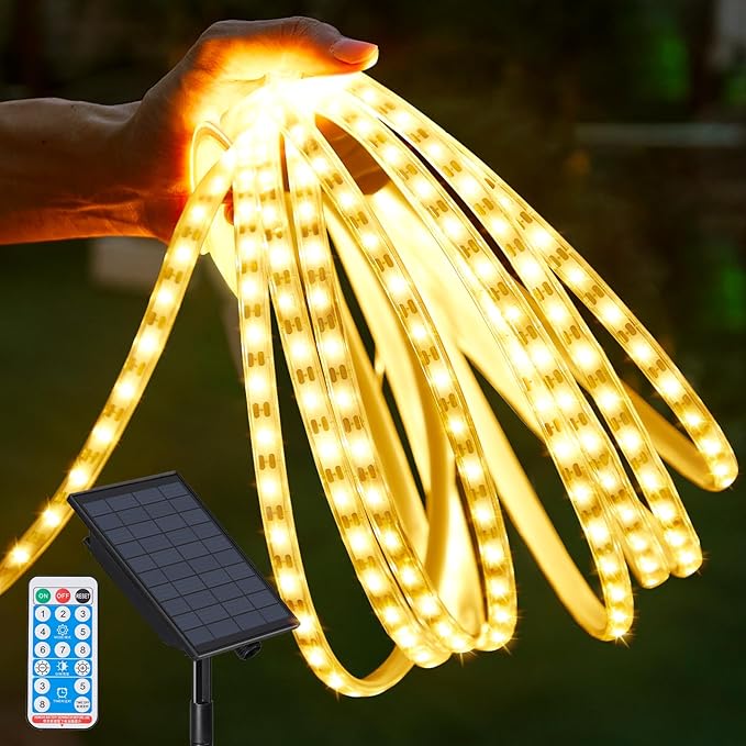 32.8FT 600LED Solar LED Strip Lights Outdoor, Solar Outdoor String Lights, Upgarde Solar Rope Lights with Timer Remote Auto ON/Off for Step, Stair, Deck, Fence, Patio,Yard Decor(Warm White, 32.8 FT)