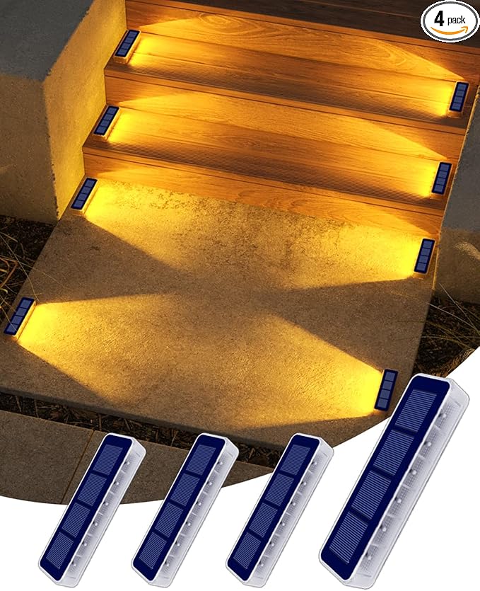 Solar Step Lights for Outside,4 Pack Solar Stair Lights Outdoor Waterproof,Warm White Deck Light Solar Powered Waterproof for Steps,Stairs,Walkway,Sidewalk,Patio,Pathway