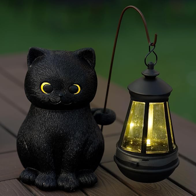 Solar Garden Statue Cat Figurine, Black Cat Statues Garden Decor with LED Light Outdoor Statue for Yard Patio Balcony Lawn Ornament, Housewarming Gifts for Grandma Mom Dad