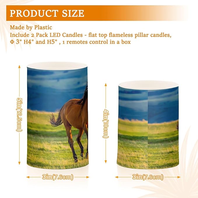 Flickering Flameless Candles, Beautiful Horses Summer Field LED Candles with Remote Timer, Set of 2 Battery Operated Candle for Valentine Wedding Birthday