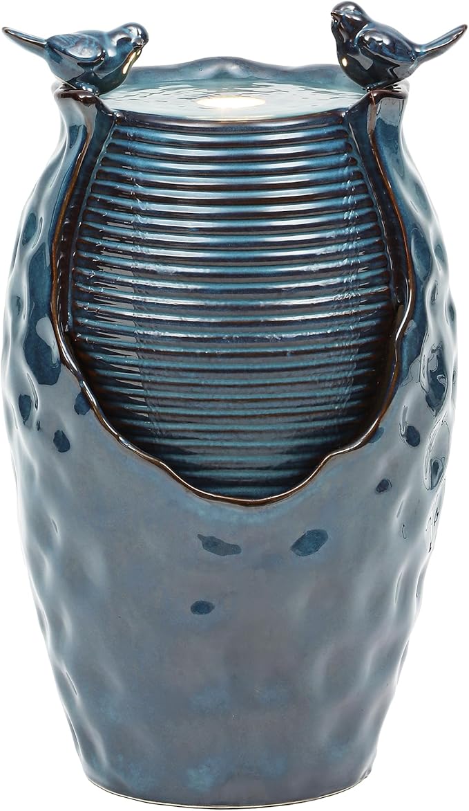 24.8" H Ceramic Jar Outdoor Water Fountain with LED Lights & Bird Accents, Elegant Turquoise Glaze with Bubble-Like Texture, Decorative Garden Water Feature