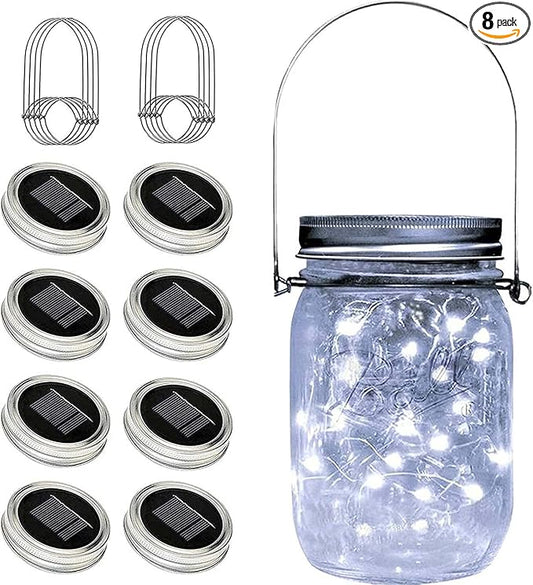 Solar Mason Jar Lights Lids, 8 Pack 30 Led Fairy Lights(Jars Not Included), Outdoor Hanging Mason Jar Solar Lights, Fairy in a Jar Solar Firefly Lights for Patio Garden Table Decor