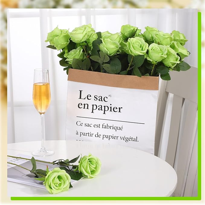 36 Pcs Silk Green Rose Bouquet Bridal Artificial Flowers,Fake Rose Long Stem Realistic Flowers Bulk for Wedding Bouquet Ball Arrangement Centerpiece Party Decor