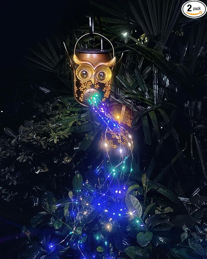 Solar Watering Can with Colorful Lighting, Waterproof Garden Decor, Birthday Gifts for Mom Grandma (Owl, 32 inch Shepherd Hook)