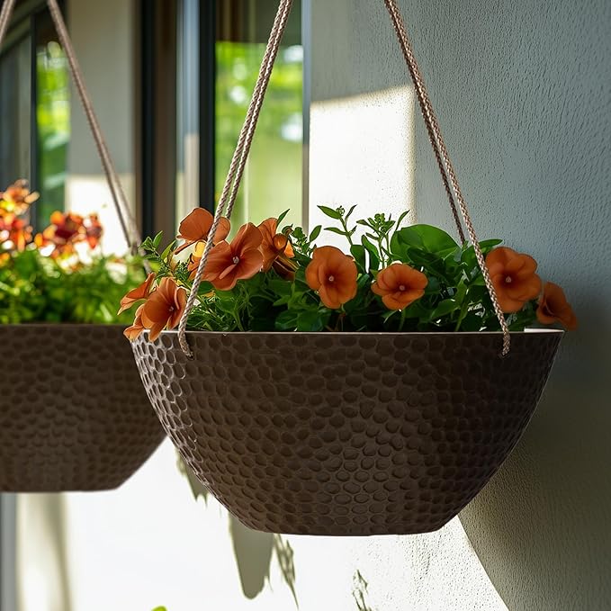 LA JOLIE MUSE Hanging Planters for Outdoor Plants, Large Outdoor Hanging Planters with Drain Holes Ash Brown, Honeycomb (13.2 Inch, Set of 2)