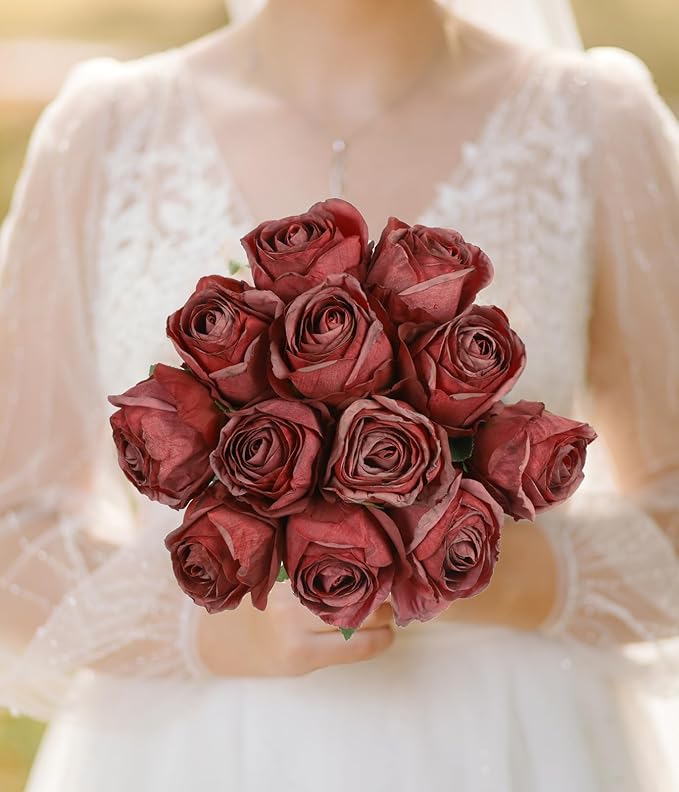12 pcs Roses Artificial Flowers Vintage Red Burnt Edge Rose 20" Realistic Silk Roses Bouquet with Long Stem for Wedding Party Floral Centerpieces Decoration (Vintage Red)