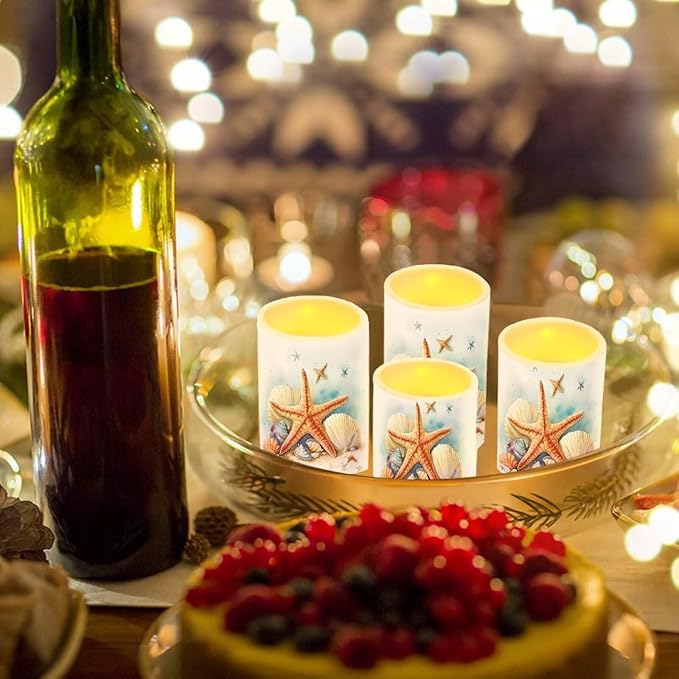 Flameless LED Battery Candles Pack of 4 Waterproof Pillar Candles Tealights with 18-Key Timer Remote Colorful Lights for Outdoor Beach Coastal Home Decor, Starfish Seashell Retro