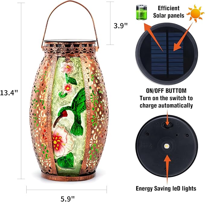 Larekook Outdoor Solar Lantern-Waterproof Hummingbird Hanging Metal Decorative Lights for Patio Table Garden Pathway Yard with Super Bright Warm White LED,Large Solar Panels,Auto On/Off Sensor