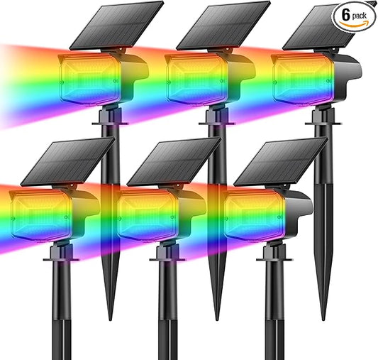 Solar Lights Outdoor Color Changing, 85 LEDs 9 Lighting Modes RGB Solar Outdoor Lights, IP67 Waterproof Multicolor Landscape Spotlights for Halloween Holiday Decorations (6 Pack)