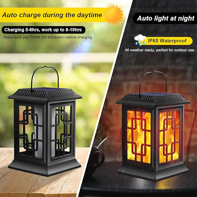 Solar Lanterns - Outdoor Hanging Solar Lights with Flickering Flame, Decorative Garden Lanterns, Waterproof LED Lights for Garden, Patio, Pathway, Yard - 2 Pack