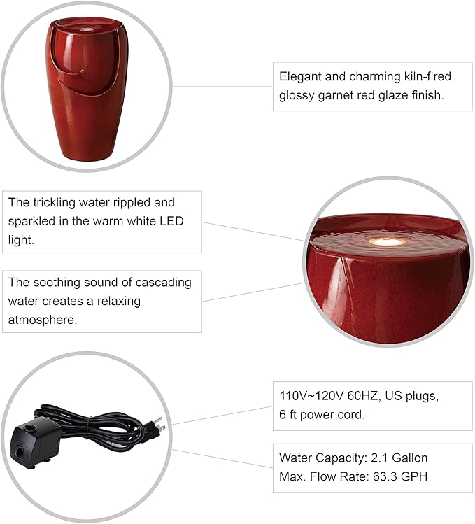 Glitzhome 21.25" H Ceramic Vase Outdoor Water Fountain Tall Patio Garden Water Fountain with LED Light and Submersible Pump Yard Art Decor, Red