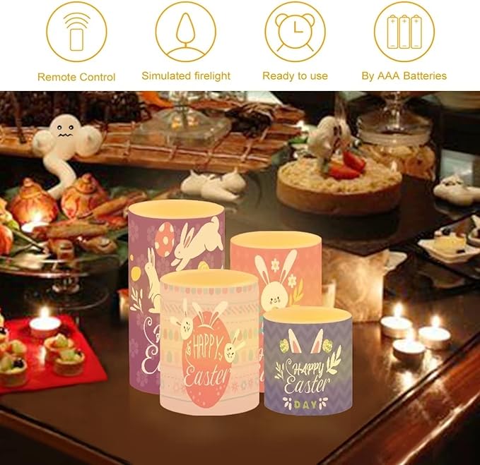 Happy Easter Flameless LED Battery Candles 4PCS Pillar Candles with 18-Key Timer Remote Color Changing Lights for Easter Party Day Celebration Decor, Cute Floral Bunny Rabbit