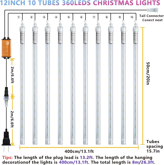 Christmas Meteor Shower Lights Outdoor - 12 Inch 10 Tube 360 LED High Brightness Falling Rain Icicle Cascading Lights for Xmas Tree Roof Eaves Patio Decor