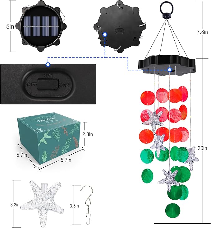 Solar Wind Chimes for Outside, Red & Green Shell Gifts for Mom Grandma Women, Waterproof Solar Outdoor Decorative Mobile Lights for Garden, Yard, Patio, Window, Party, Outdoor Decorations
