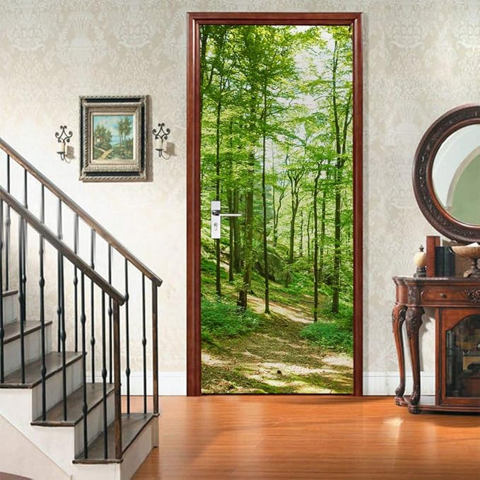 3D Door Wallpaper Self-Adhesive Door Sticker - Forest - Door Poster Premium PVC Waterproof Wall Sticker for Bedroom Living Room Door Decoration Wallpaper 95 x 200 cm