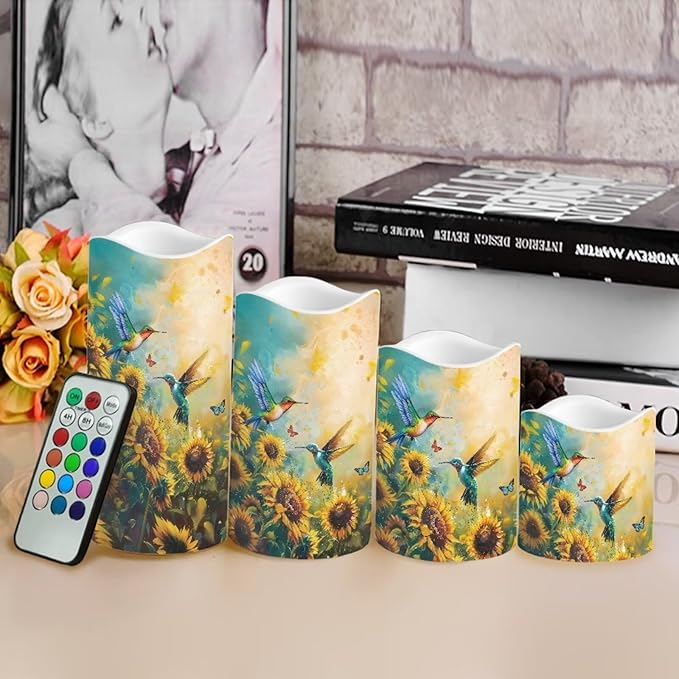 Ystardream Art Sunflower Hummingbird Flameless Candles for Outdoor Indoor Color Changing LED Candles with Remote Timer Battery Operated Candles for Valentines Wedding Home Decoration Gifts