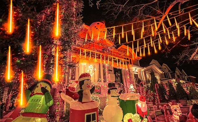 Orange Christmas Meteor Shower Rain Lights, 10 Tube 360 LED 12 Inch Outdoor String Lights, Falling Rain Raindrop Light for Halloween Tree Patio Garden Roof Eaves Decor Waterproof Plug