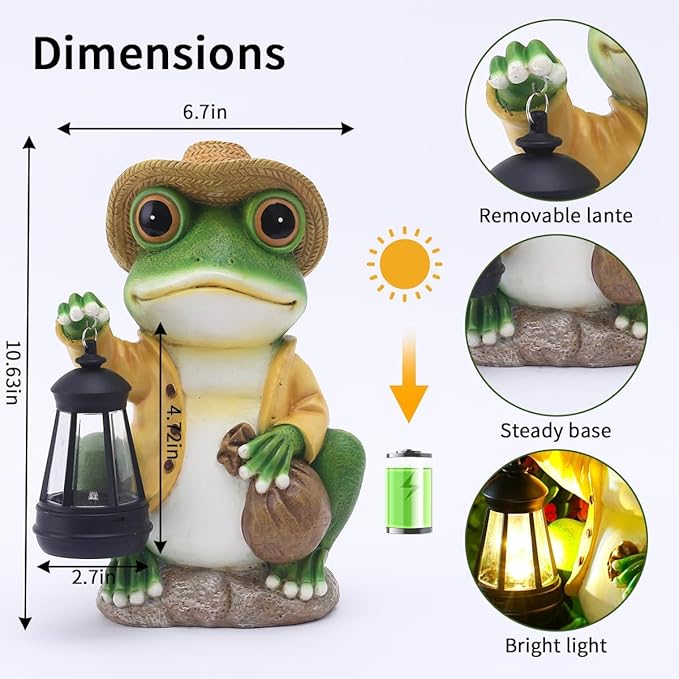 Solar Garden Outdoor Frog Statue 10 inches Tall - with Handheld Lanterns - Detachable - Patio, Balcony, Shelf, Tabletop, Lawn Decoration - Unique Housewarming, Birthday, Thanksgiving, Mom Gifts