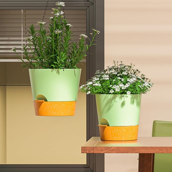 Hanging Planters for Indoor Outdoor Plants, 2 Pack Self Watering Hanging Pot with Drainage Holes and Plant Hangers, Hanging Baskets Flower Pots for Home Garden Decor (Green, 10 inch)
