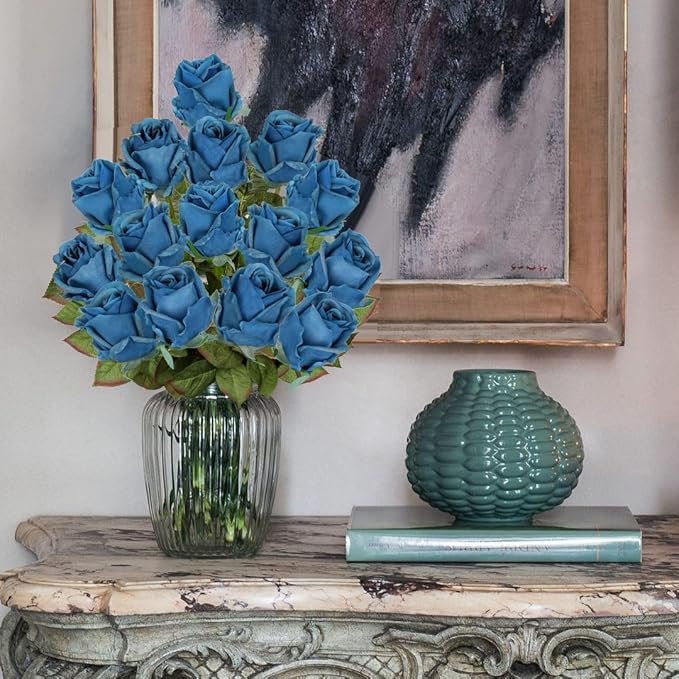 Artificial Realistic Roses Blue Flowers 24" Real Touch Silk Roses Bouquet Long Stems Rose Fake Roses Decor for Home Party Wedding Table Centerpieces Roses Realistic - 5 Pcs