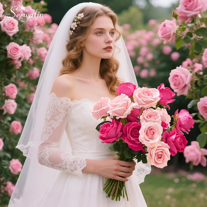 Serwalin 50pcs Artificial Roses Bulk, 4'' Big Velvet Flower Head, Hot Pink Rose Velvet Real Touch, Silk Fake Roses Long Stems Realistic Bouquet for Wedding Table Centerpiece and Home Decor