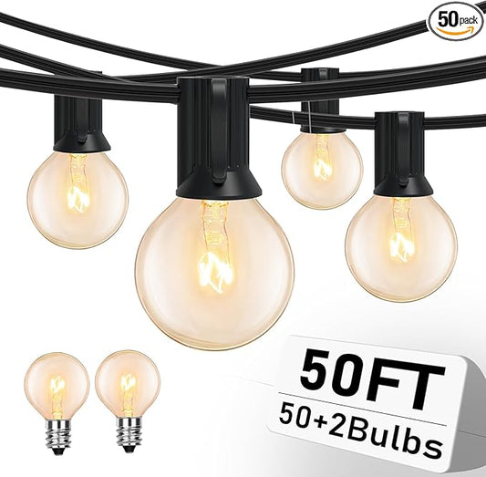 50FT String Lights, G40 Outdoor String Lights Edison Light Bulbs Clear Globe Lights for Backyard Patio Lights Indoor/Outdoor Commercial Decoration -5 Watt/120 Voltage/E12 Base -Black Wire