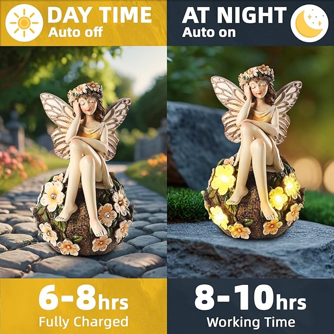 Solar Fairy Statue Sitting on The Flower Ball Light 6.8" Angel Statues for Garden Yard Patio Porch Lawn Decor Resin Fairy Figurine Outdoor Waterproof Angel Gifts for Women Mom Sister