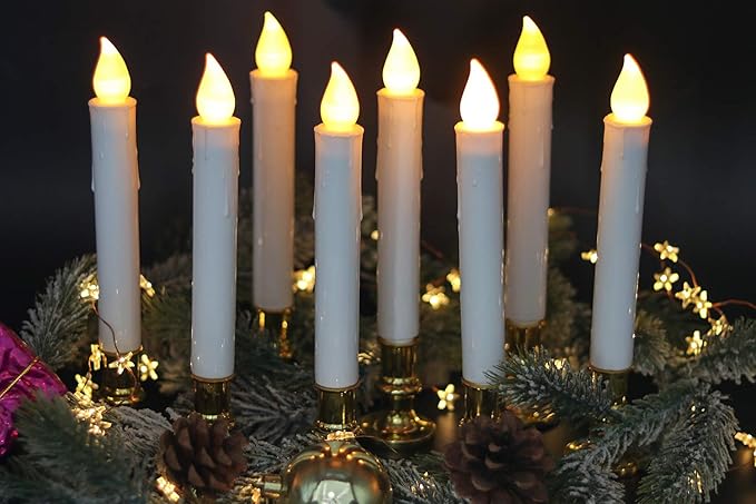 DRomance 9" Flameless Window Taper Candles Battery Operated with 8-Key Remote and Timer, 8 Pack White Christmas Holdiay Window Candles with Gold Holders, Suction Cups and AA Batteries Included