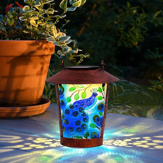 Solar Lanterns Outdoor Peacock Hanging Waterproof Decorative Lamp with Glass Peacock Solar Lights for Outside Yard Table Patio Garden