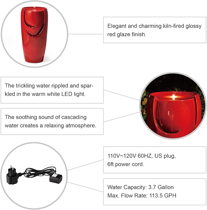 Glitzhome 29.25" H Oversized Ceramic Vase Outdoor Water Fountain Tall Patio Garden Water Fountain with LED Light and Submersible Pump Yard Art Decor, Red
