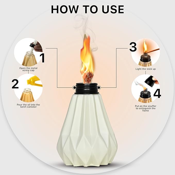 Deco Window Pack of 3 Table Torch for Indoor Outdoor Citronella Oil Tabletop Ceramic Lamp Landscape White Lantern with Fiberglass Wick & Cap for Garden Patio Yard Party Decor Light