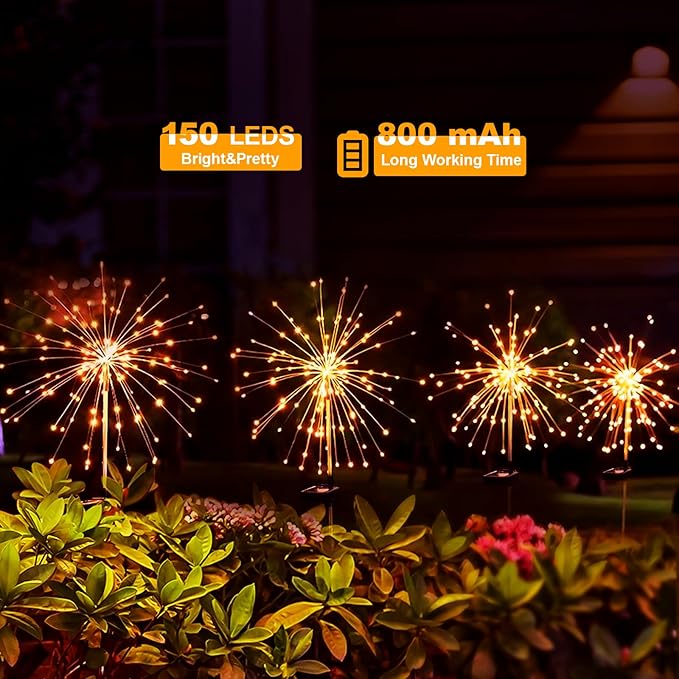 solar fireworks lights for outside, 150LED 8 Modes Fireworks Solar Lights Outdoor, Fairy Garden Flowers Lights for Yard Pathway wedding Party Christmas Diwali Garden Decor 4Pack (Warm White)